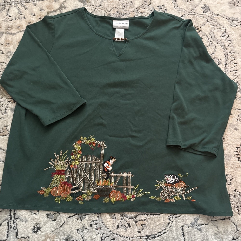 Alfred Dunner Top Petite Large Embroidered Cat Garden Pumpkin Fall Blouse Bead